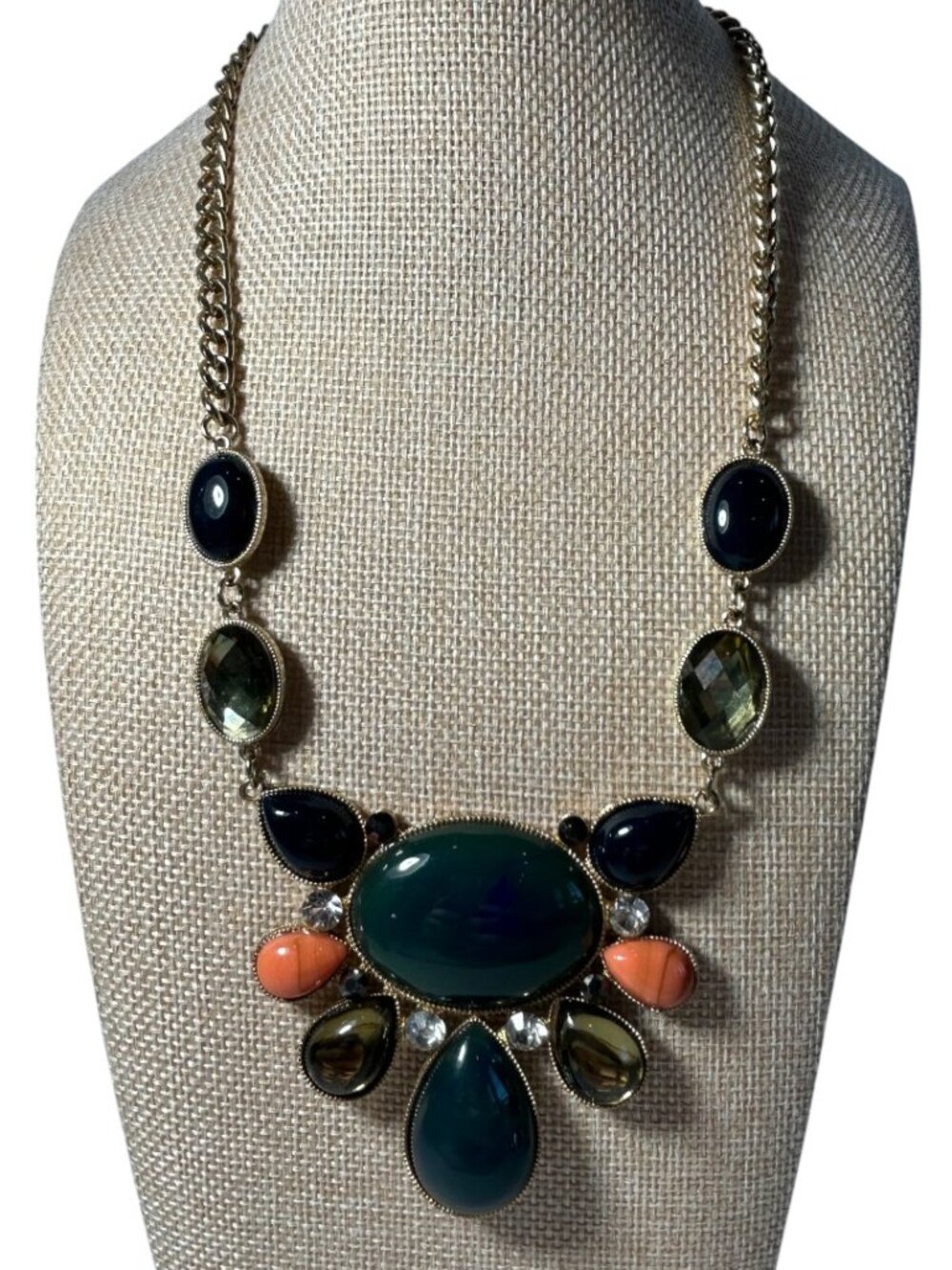 Teal Green Orange Rhinestone Cabochon Bib Statement Necklace Gold Tone